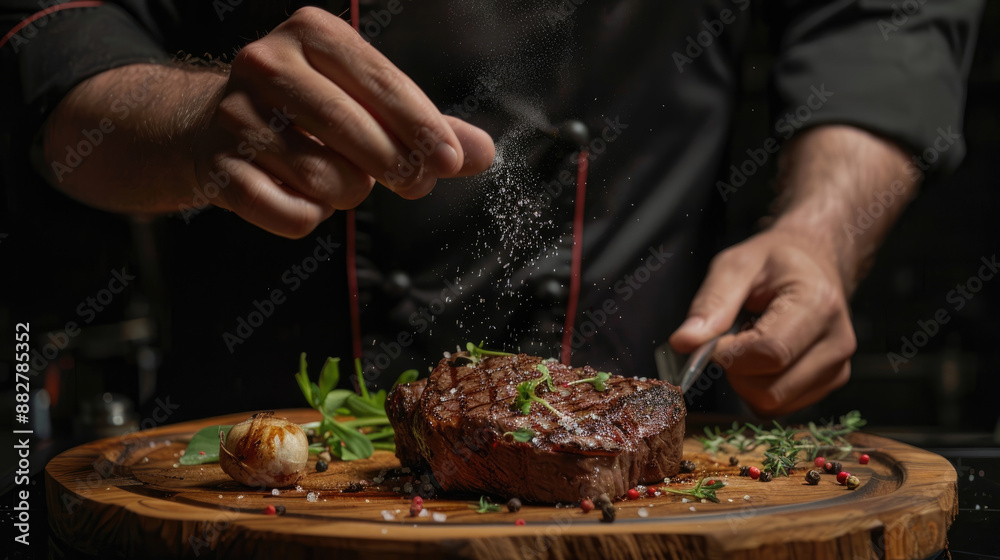 A chef is holding and savouring the tender meat, while sprinkling salt on it in an elegant black kitchen against a dark background A chef is holding and savouring the tender meat, while sprinkling salt on it in an elegant black kitchen against a dark background