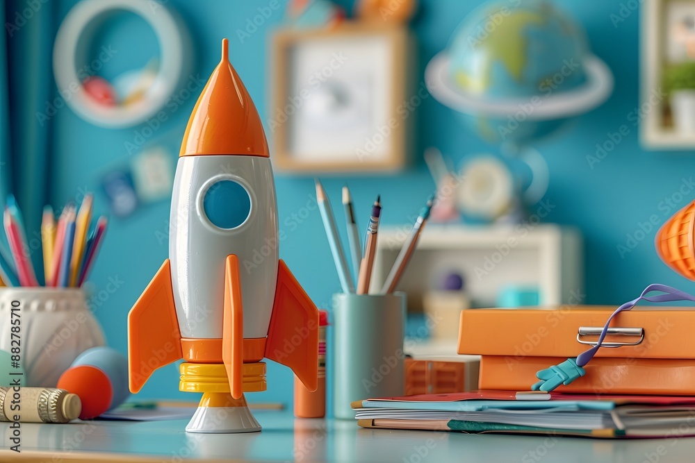 Colorful Children's Desk with Rocket Toy and School Supplies Colorful Children's Desk with Rocket Toy and School Supplies