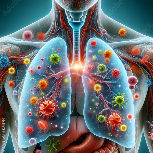 Viral Attack on Human Lungs | An artistic and detailed representation of viruses attacking human lungs, showcasing the complexity and severity of respiratory infections.