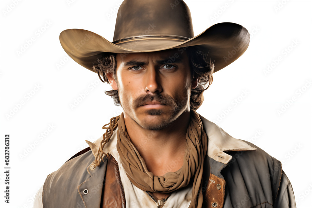 Fototapeta premium Cowboy on a white background. History of america. History of cowboys, first ranch. Farmer Australia. Portrait of a cowboy. 