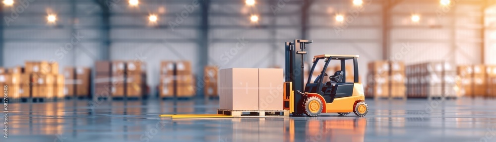 Warehouse forklift moving pallets with goods in a large, empty storage space, highlighting logistics and supply chain operations.