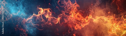 Abstract digital painting of swirling blue and orange flames on a dark background.