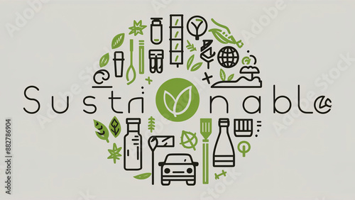 Minimalist illustration of sustainability icons, such as recycling, eco-friendly products, and renewable energy, with the word 