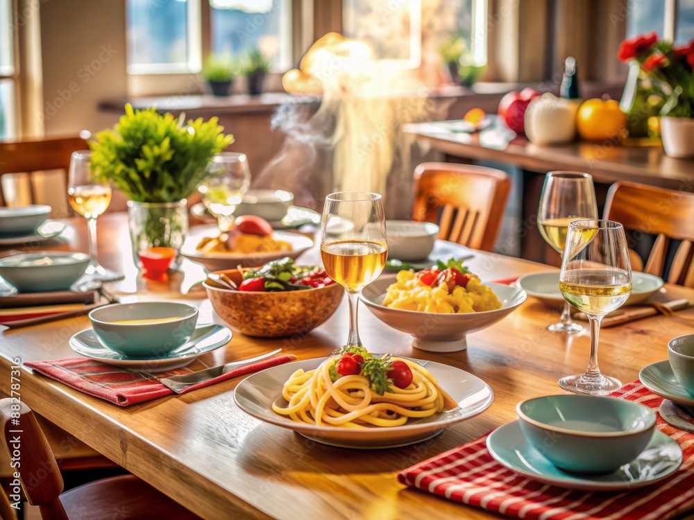 Fototapeta premium Vibrant table setting with steaming spaghetti, utensils, and glasses, surrounded by empty chairs, conveying warmth and togetherness of a joyful family dinner gathering.
