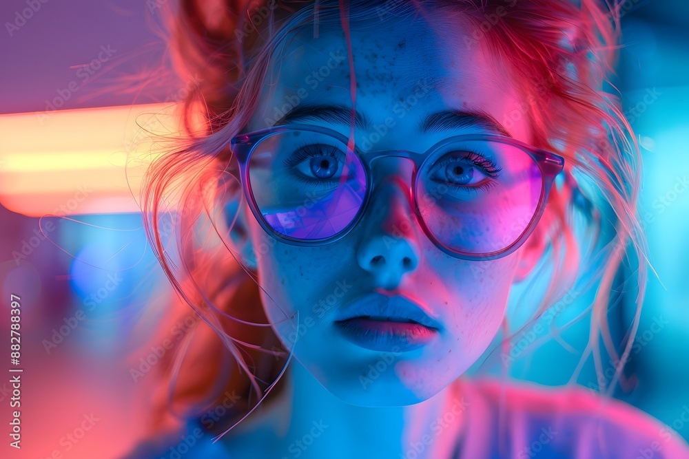 Portrait of a Woman in Neon Lighting with Glasses Portrait of a Woman in Neon Lighting with Glasses