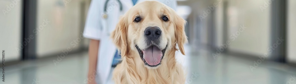 Golden retriever in a medical lab, undergoing gentle testing with a therapist, dog therapy, medical testing, pet healthcare