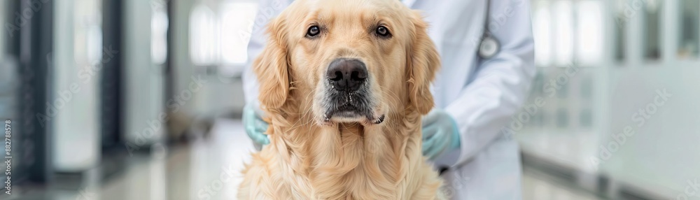 Golden retriever in a medical lab, undergoing gentle testing with a therapist, dog therapy, medical testing, pet healthcare Golden retriever in a medical lab, undergoing gentle testing with a therapist, dog therapy, medical testing, pet healthcare