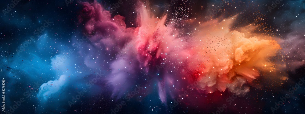 Naklejka premium Colorful powder explosion on a dark background, colorful dust clouds in space, abstract colorful cloud of color paint particles flying in the air. High resolution colorful dust clouds