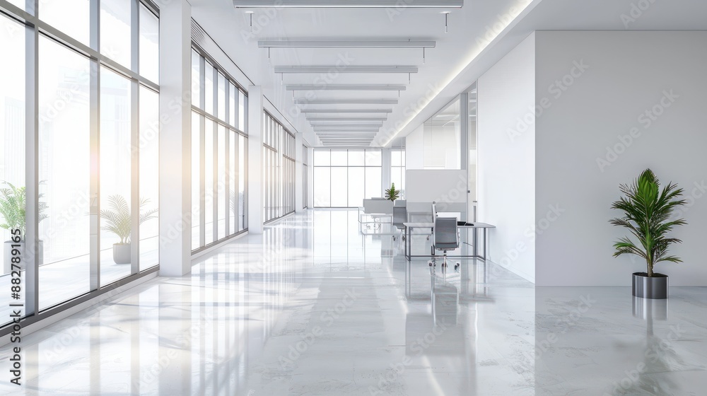 White open space office interior with blank wall White open space office interior with blank wall