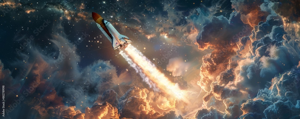 A photorealistic image of a space shuttle launching into orbit, leaving a trail of fire and smoke in its wake, symbolizing human ingenuity, exploration, and the quest for knowledge. A photorealistic image of a space shuttle launching into orbit, leaving a trail of fire and smoke in its wake, symbolizing human ingenuity, exploration, and the quest for knowledge.