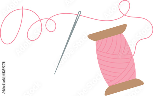 Thread needle and bobbin logo, flat sewing decoration element, hand drawn embroidery accessories illustration, vector tailor tool design, cartoon dressmaking supplies object,