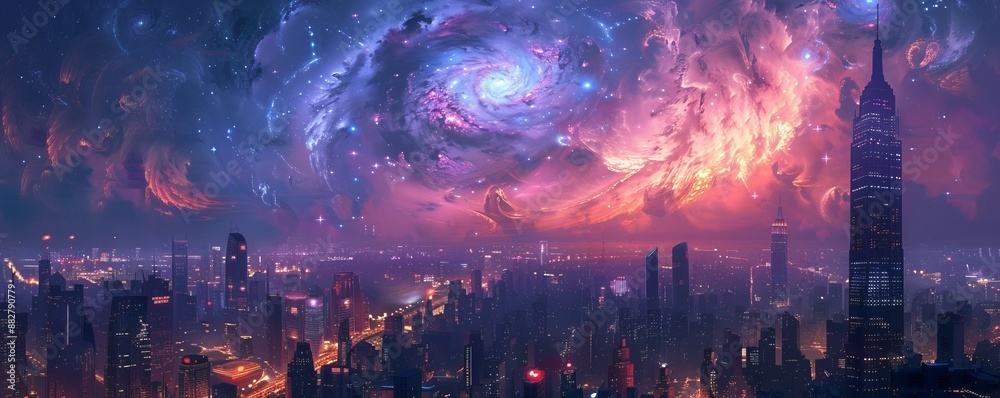 Starry night sky over cyberpunk cityscape with swirling brushstrokes Starry night sky over cyberpunk cityscape with swirling brushstrokes