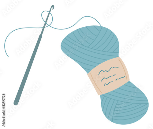 Knit wool ball and needle sticker, cartoon tailor supplies design, vector knitting accessories element, doodle crochet craft tool object, hand drawn dressmaking decoration illustration,