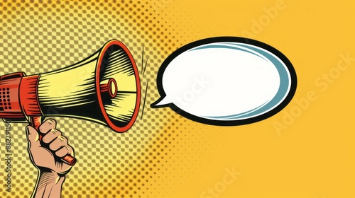 Announcement megaphone hand drawn illustration. Retro styled illustration of a hand holding a megaphone with a speech bubble. © Lull