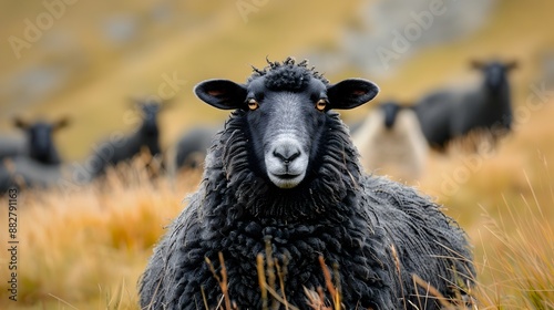 Charcoal-colored Sheep and Its Flock Grazing on Scenic Hillside Landscape © pkproject
