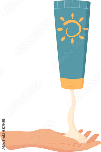 Hand squeeze sunscreen cream tube, vector skin protection oil product, creative sun screen moisturizer container, cartoon sunblock cosmetic bottle, flat solar block lotion pack,