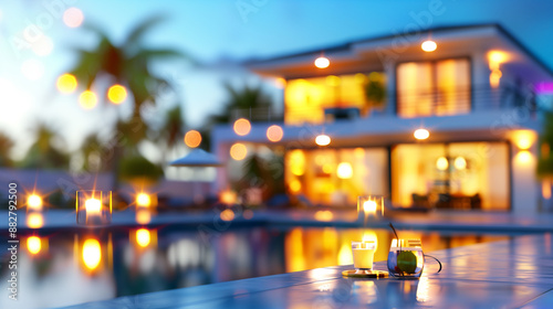 Abstract blurred house with pool at dusk with lights and candles, perfect as wallpaper