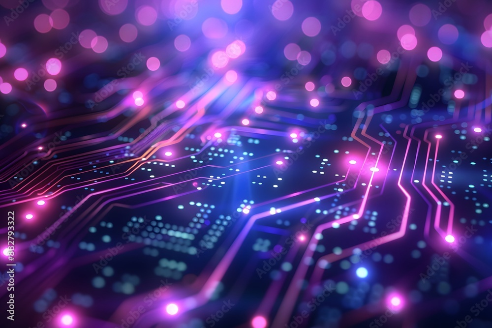 Futuristic Circuit Board with Glowing Lights and Bokeh Effect