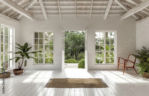 White Room With Open Doors Leading To A Green Garden