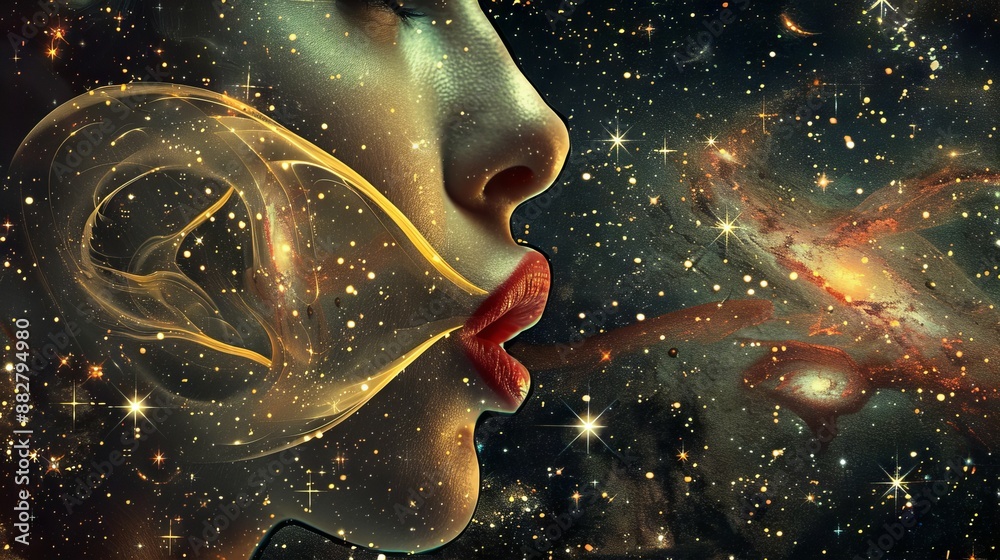 Cosmic woman blowing nebula. Woman blowing a galaxy of stars and nebula in a surreal digital art.