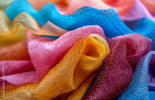 Colorful Fabric Rolls Arranged On Blue Surface