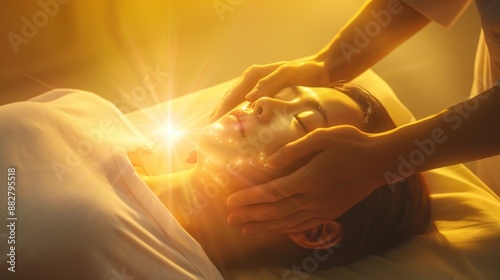 Close-up of a patient receiving a reiki healing session from a therapist, lying on a bed and calm, serene and soothing clinic background, Portrait close-up, hyper-realistic, high detail,