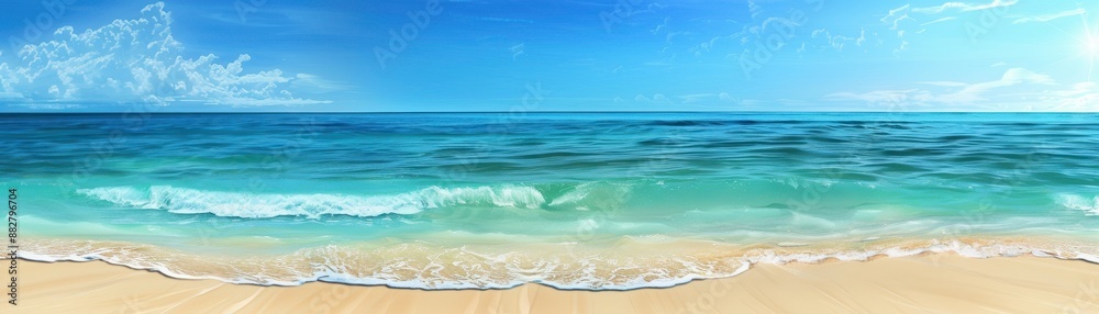 Fototapeta premium Tranquil Tropical Beach Panorama with Gentle Waves and Clear Blue Sky