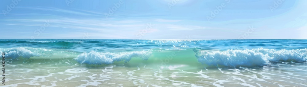 Obraz premium Gentle Ocean Waves Lapping at the Sandy Shore on a Bright Sunny Day