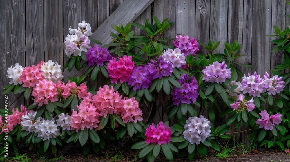 A close-up shot of vibrant pink, purple, and white rhododendrons blooming in abundance along a weathered wooden fence in springtime A close-up shot of vibrant pink, purple, and white rhododendrons blooming in abundance along a weathered wooden fence in springtime