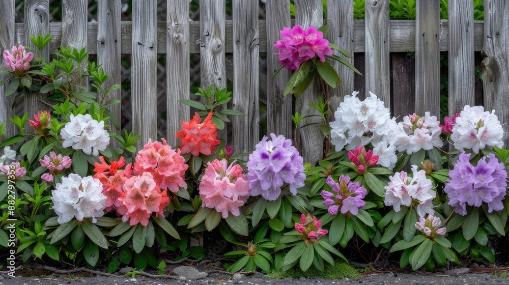 A close-up shot of vibrant pink, purple, and white rhododendrons blooming in abundance along a weathered wooden fence in springtime A close-up shot of vibrant pink, purple, and white rhododendrons blooming in abundance along a weathered wooden fence in springtime