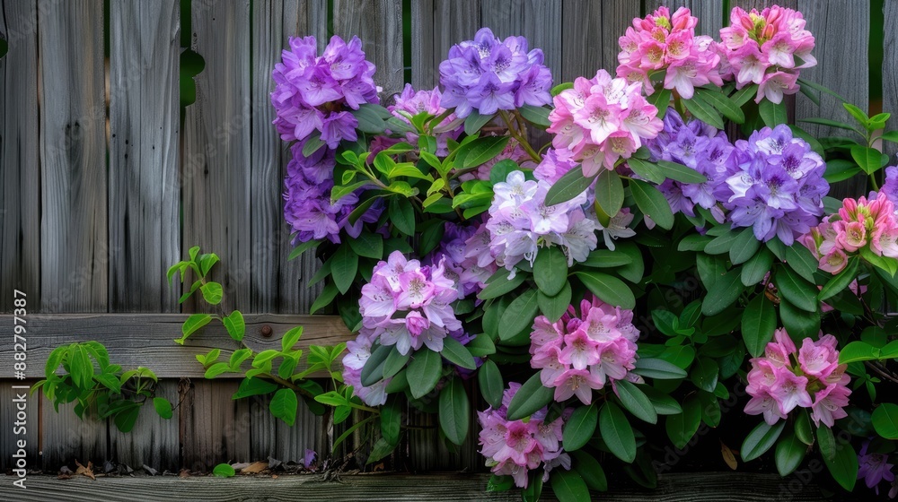 A close-up shot of vibrant pink, purple, and white rhododendrons blooming in abundance along a weathered wooden fence in springtime A close-up shot of vibrant pink, purple, and white rhododendrons blooming in abundance along a weathered wooden fence in springtime