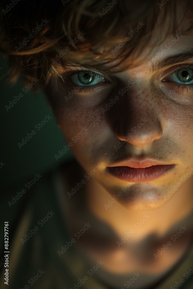 Portrait of a young man with freckles and green eyes. AI. Portrait of a young man with freckles and green eyes. AI.