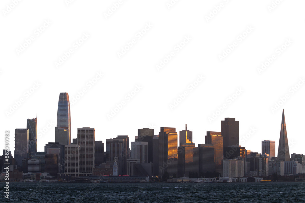 Fototapeta premium San Francisco skyline with illuminated buildings at sunset, silhouette style on a white background, urban concept
