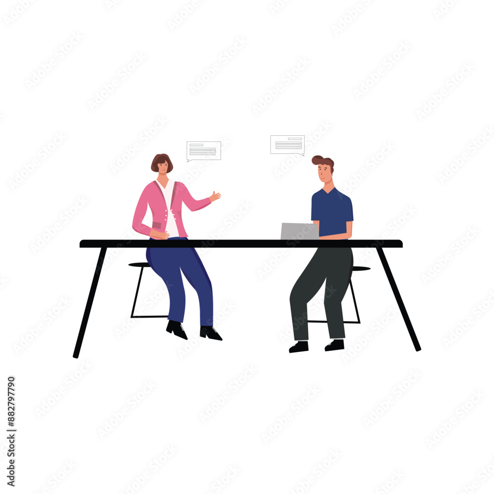 illustration of two people discussing at a table. A woman sits on the left wearing a pink jacket and blue trousers, while a man sits on the right wearing a blue t-shirt and black trousers. illustration of two people discussing at a table. A woman sits on the left wearing a pink jacket and blue trousers, while a man sits on the right wearing a blue t-shirt and black trousers.