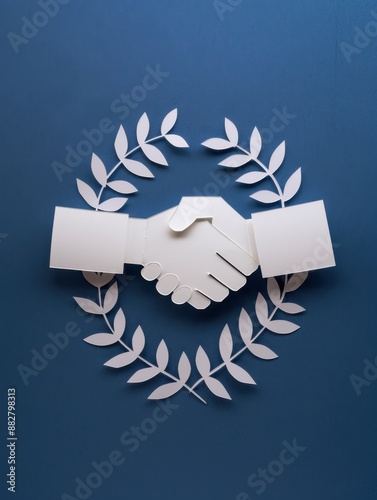 Paper cutouts of partnership handshake symbolizing mutual respect, with copy space, covering all objects, deep depth of field.