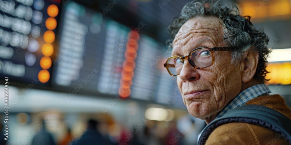 Portrait of a senior man with glasses looking at the arrivals board at an airport. AI. Portrait of a senior man with glasses looking at the arrivals board at an airport. AI.