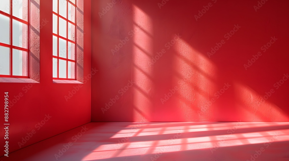 Sunlit Red Room with Large Windows Casting Shadows