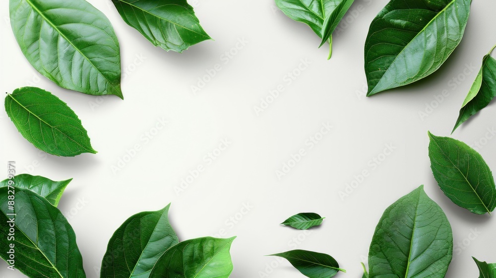 Fototapeta premium Green leaves of various plants scattered on a solid white background