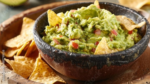 A bowl of creamy guacamole with a side of crispy tortilla chips, perfect for dipping.