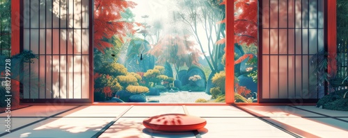 A stylized illustration of a traditional Japanese teahouse with tatami mats, shoji screens, and a serene garden. photo