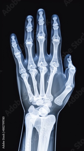 Detailed 3D x-ray of hand injury with copy space, covering all objects, deep depth of field, radiography, bone fracture.