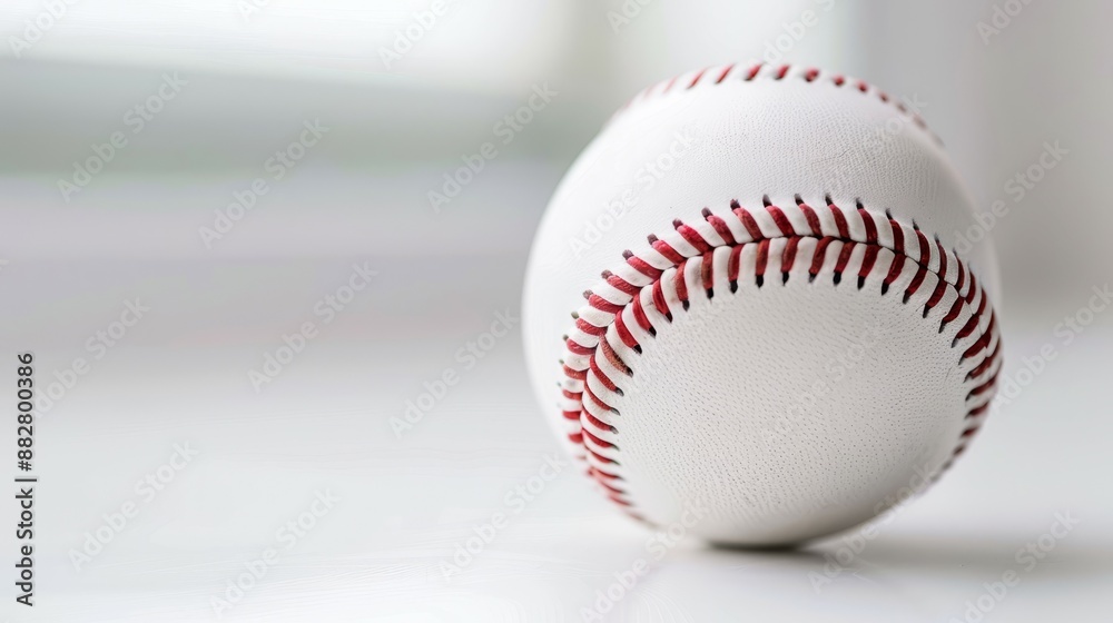 Baseball close up on white surface. White baseball on a white surface, showcasing the red stitching and leather texture. Baseball close up on white surface. White baseball on a white surface, showcasing the red stitching and leather texture.