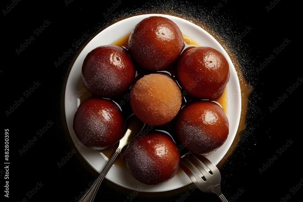 Obraz premium In Pune, India, vibrant orange Gulab Jamun dumplings are served in a classic Indian copper bowl, drenched in sweet syrup and topped with green pistachios.