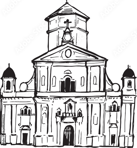 Carpi Cathedral ink illustration.
Church for Virgin Mary black and white drawing. Religious historical structure line illustration. Baroque architecture sketch. 