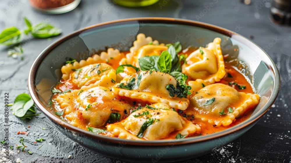 A bowl of creamy ricotta and spinach stuffed ravioli, served with a light tomato sauce. A bowl of creamy ricotta and spinach stuffed ravioli, served with a light tomato sauce.