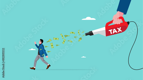 tax burden, bankruptcy or financial problem, increased corporate tax burden, burden of the company income tax, fearful businessman run away with dollars scattered and sucked up by a tax vacuum cleaner