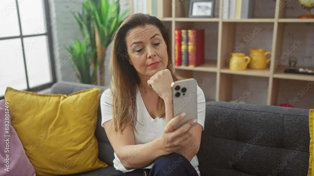 Pensive hispanic woman in living room holding smartphone, contemplating messaging Pensive hispanic woman in living room holding smartphone, contemplating messaging