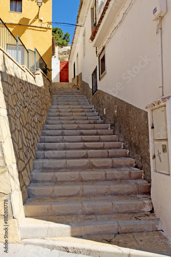 The pedestrian walkway turns into a staircase in Castalla, Spain