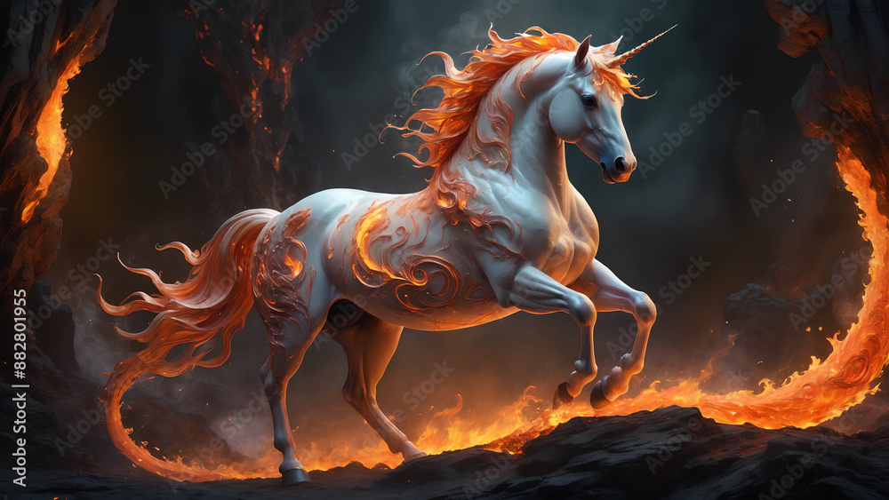 Obraz premium A Unicorn Horse crafted from swirling fire and lava