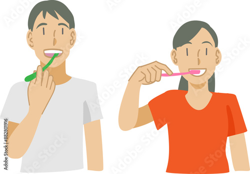 歯磨きをする夫婦のイラスト